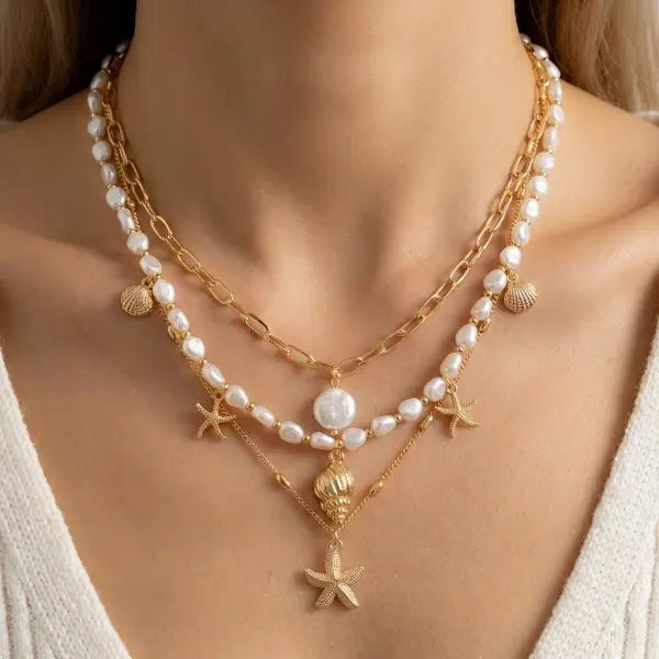 Multilayer Shell and Starfish Pearl Handmade Choker