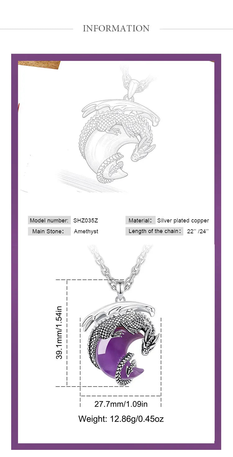 Natural Amethyst Dragon Crescent Moon Pendant Necklace, Healing Crystal Talisman