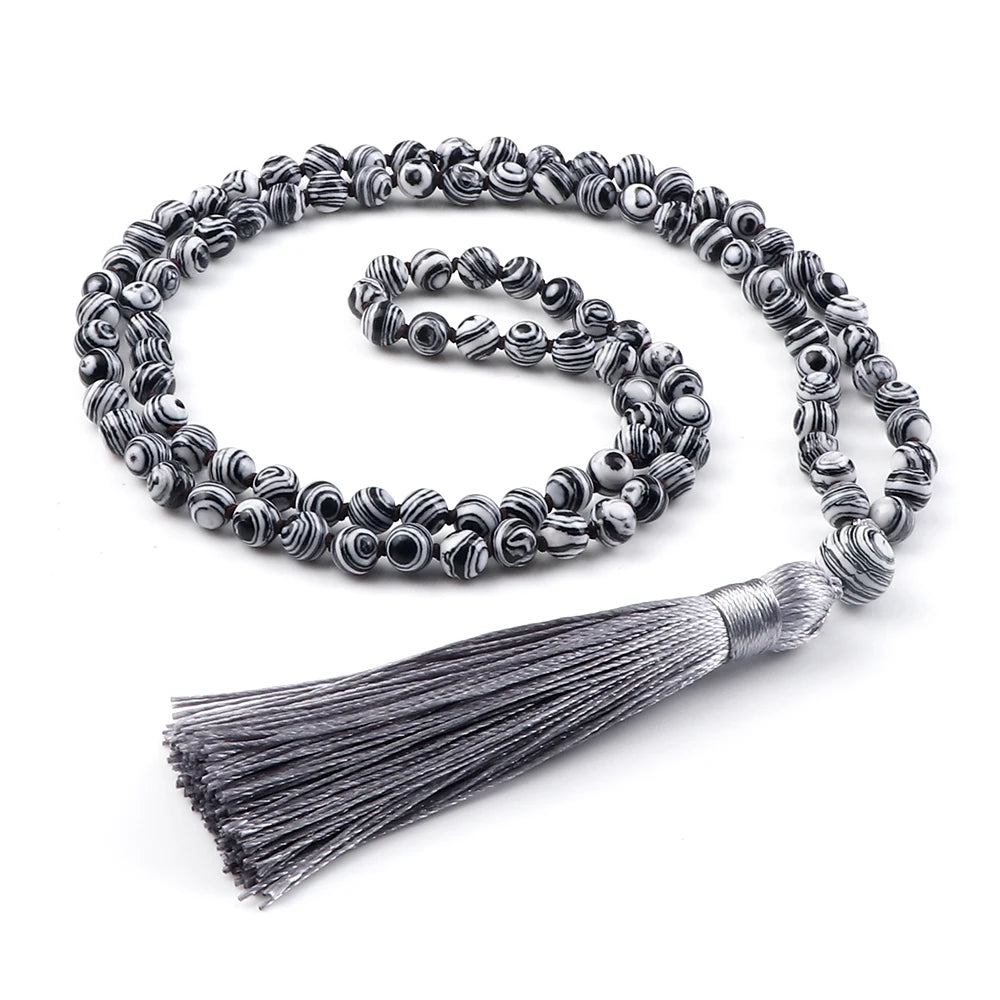 Men Natural Malachite Stones Necklaces Boho 108 Tiger Eye Beads Handmade Necklace with Tassel Yoga Medit Jewelry Gifts For Women - Charlie Dolly