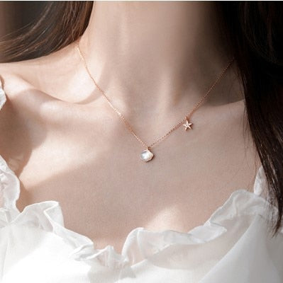 QMCOCO Silver Color Creative Trendy Design Shell Starfish Pendant Necklace For Women Collarbone Chain Biarthday Party Gifts