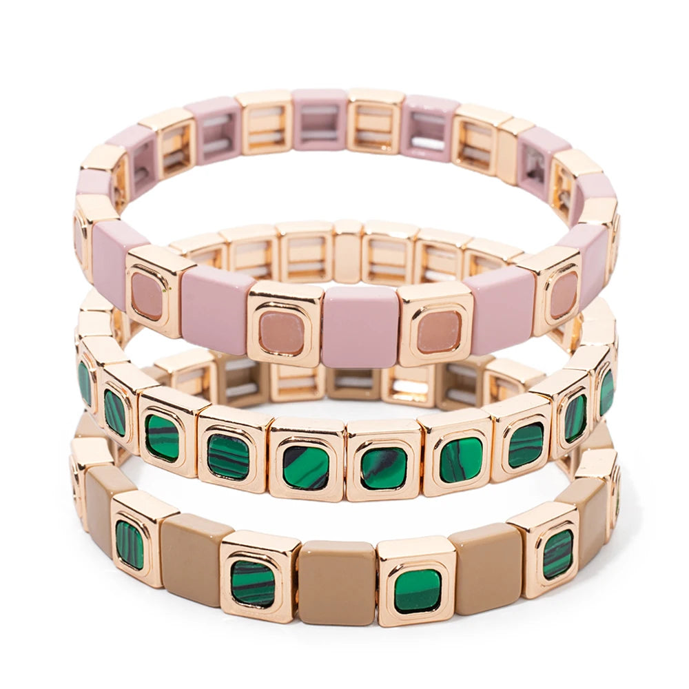 2023 New Design 8x8mm Inlaid Nature Stone Bracelets For Women Gold Color Boho Elastic Bangle Handmade Inlaid Diamond Jewelry - Charlie Dolly