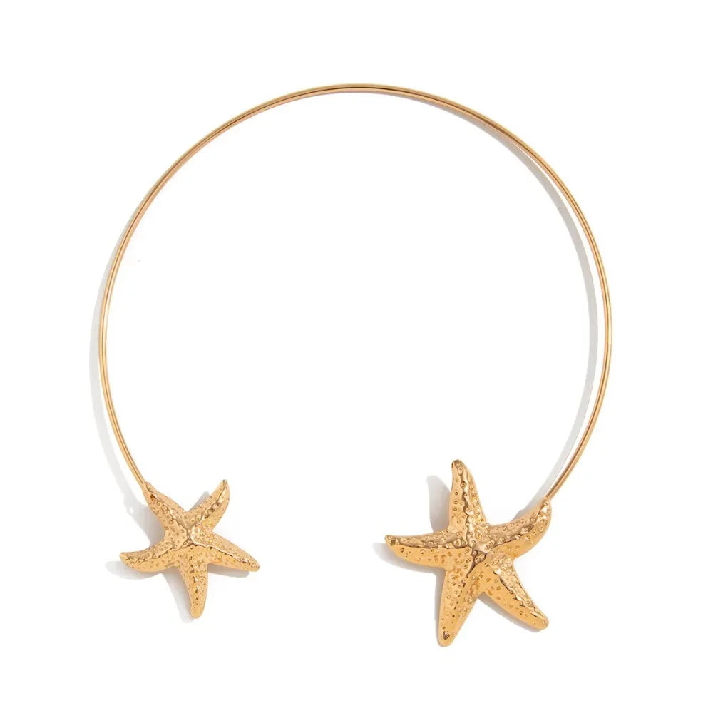 Gold Starfish and Shell Open Torque Choker Necklace