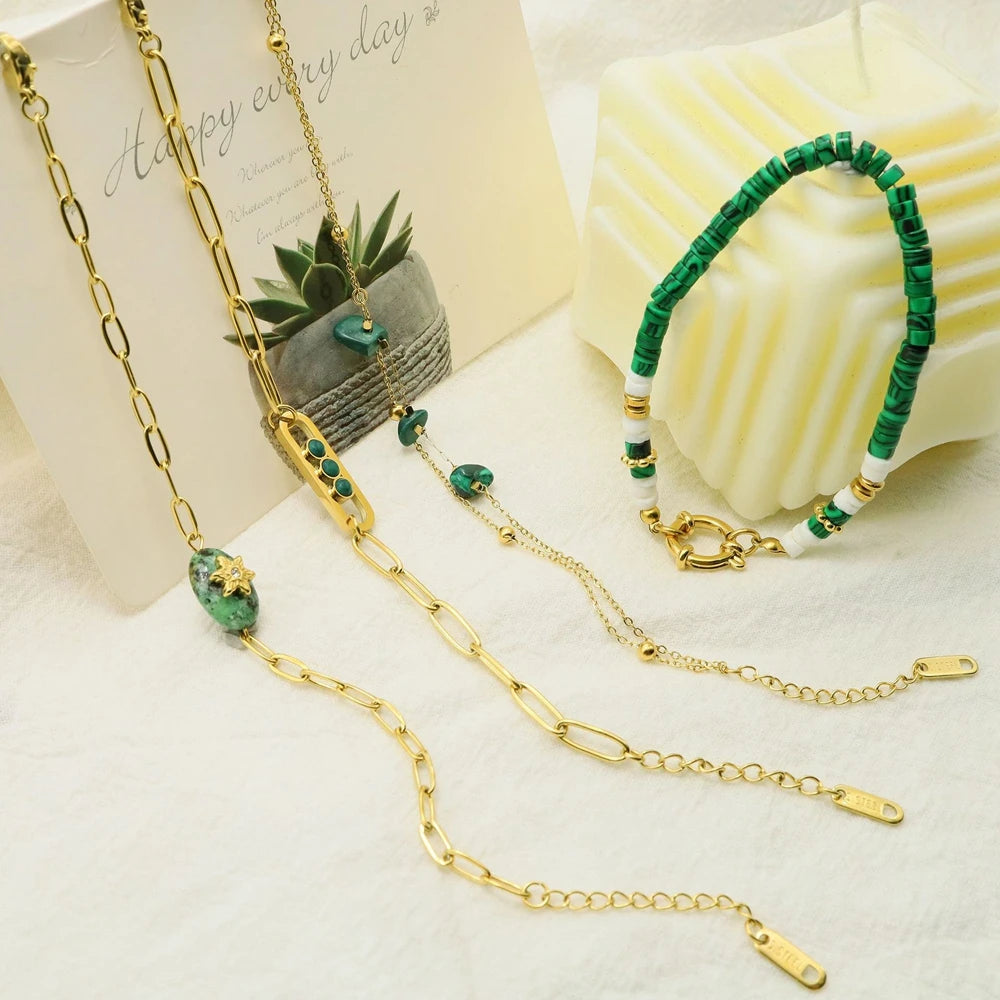 WILD & FREE Boho Vintage Green Natural Stone Bracelets for Women Stainless Steel Trendy Charms Aesthetic Jewelry Set - Charlie Dolly