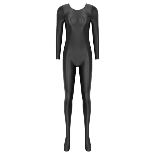Womens Sexy Glossy Bodystocking Bodysuit Long Sleeve Jumpsuit Lingerie Nightwear Swimwear Gymnastics Yoga Sports Dance Leotard - Charlie Dolly