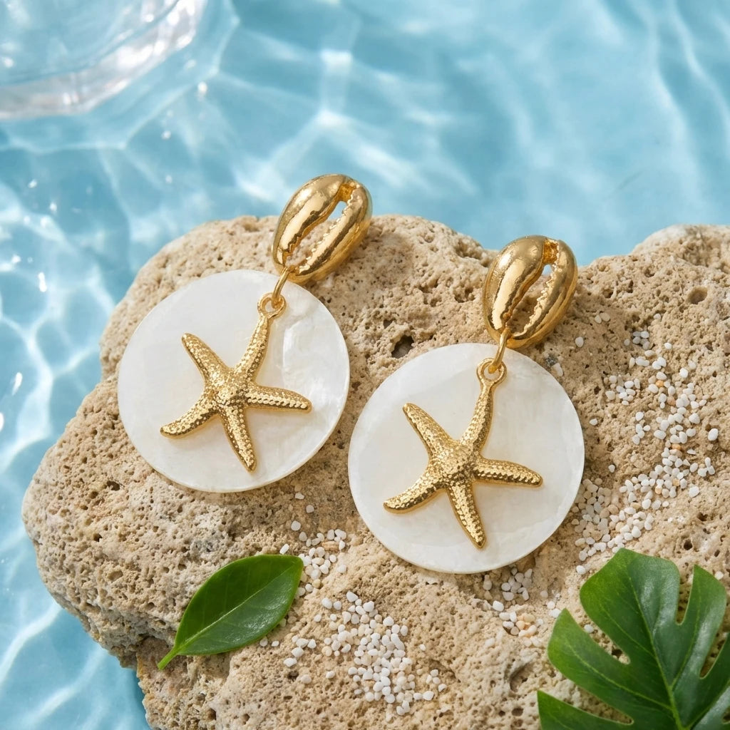 Tropical Cowrie Shell and Pearl Starfish Drop Earrings