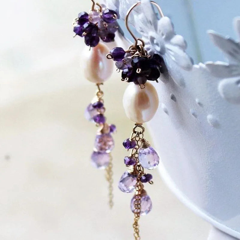 Handmade Drop Earrings with Freshwater Pearl and Lapis Lazuli Stone Women Jewelry - Charlie Dolly