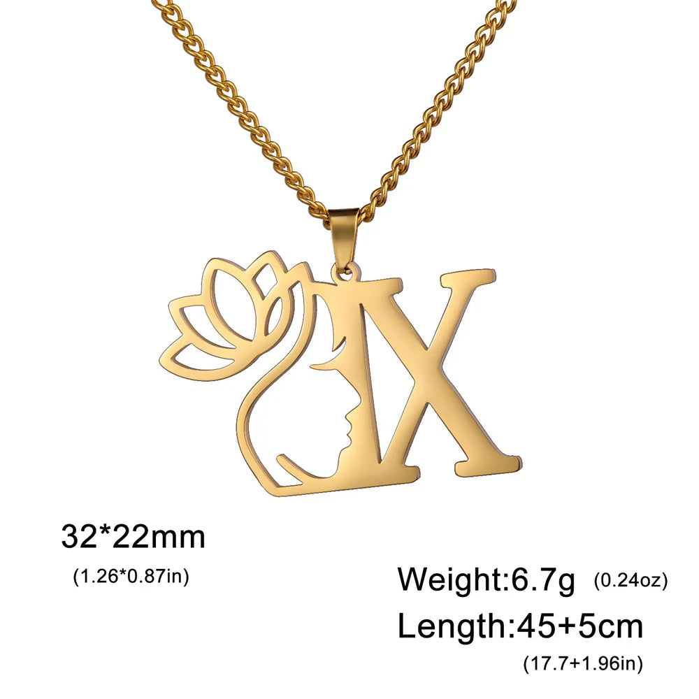 Lotus Flower Initial Letter Pendant, Personalized Stainless Steel Necklace