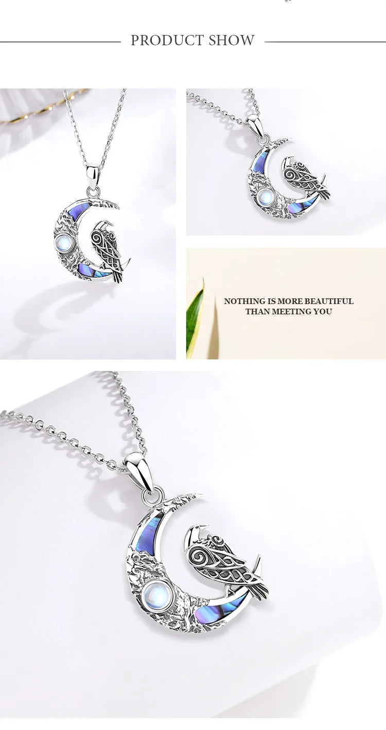 Sterling Silver 925 Viking Raven & Pentagram Moon Necklace, Abalone Shell Amulet