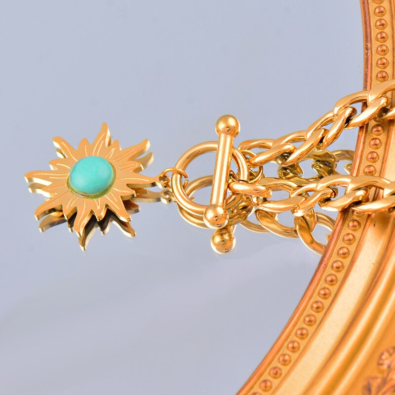 SINLEERY Stainless Steel Blue Stone Sunflower Pendant Necklace For Women Gold Color Chain Fashion Jewelry DL087 SSB
