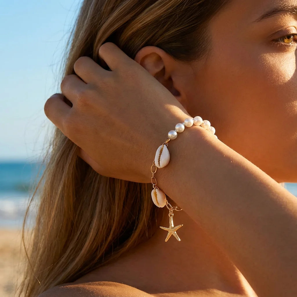 Cowrie Shell and Starfish Charm Boho Bracelet