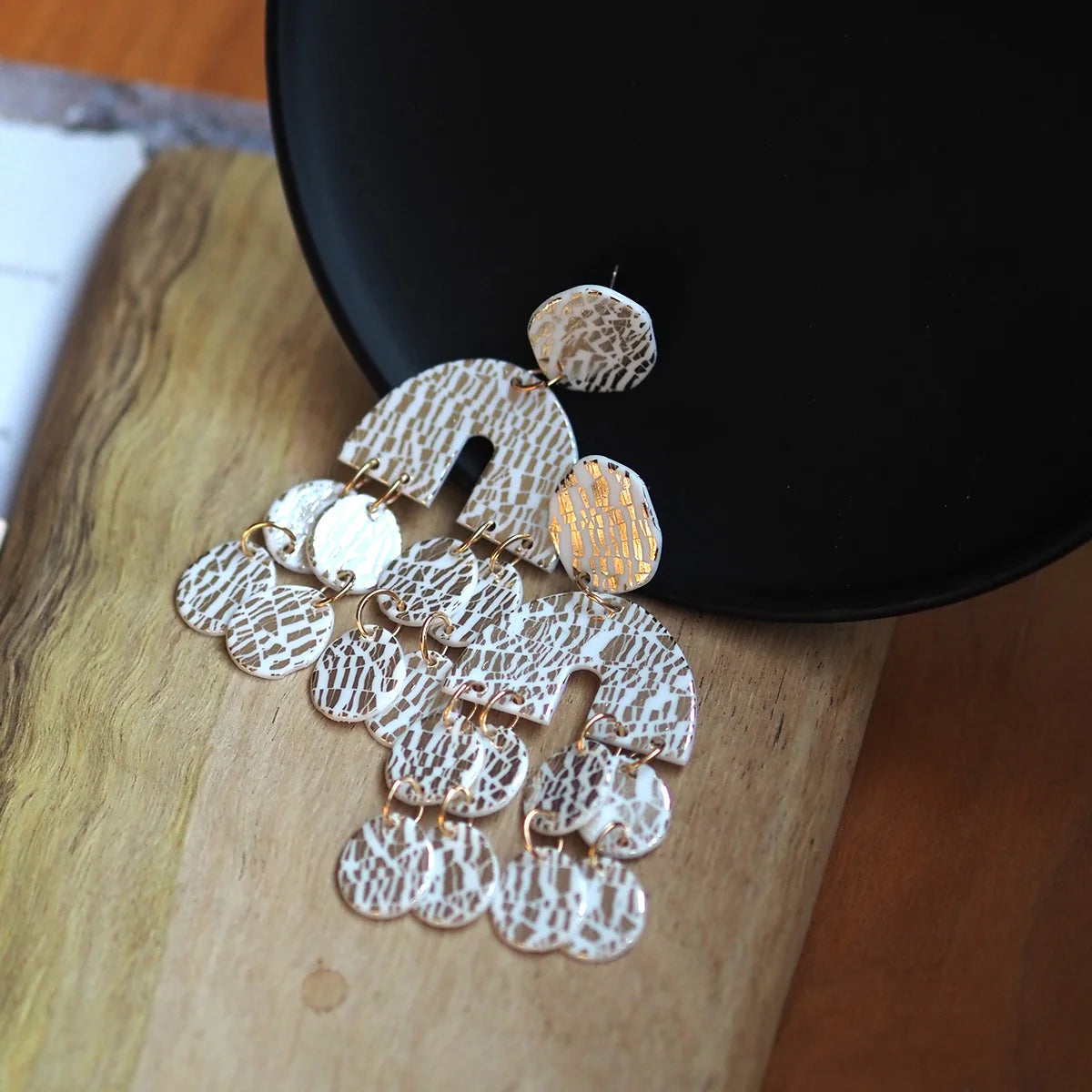 Metallic Clay Arch Fringe Statement Earrings Jewelry