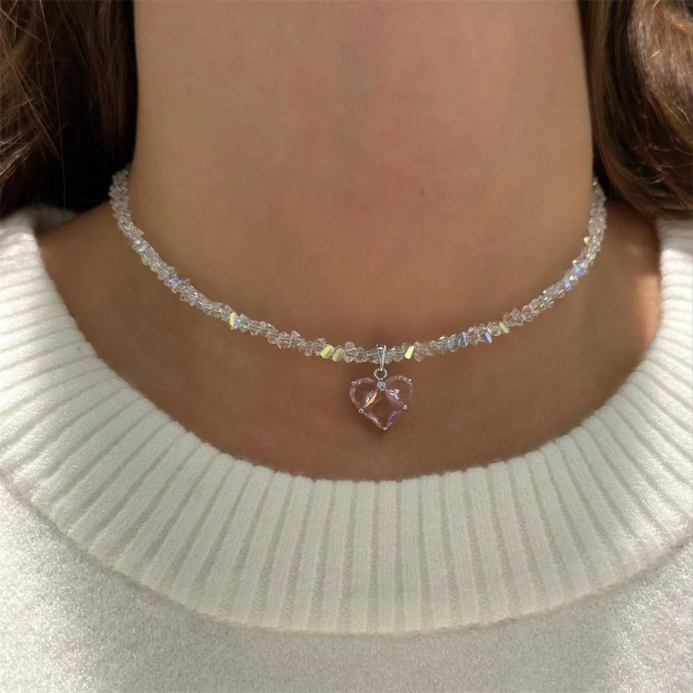 Zircon Heart Crystal Tassel Pendant Necklace Jewelry