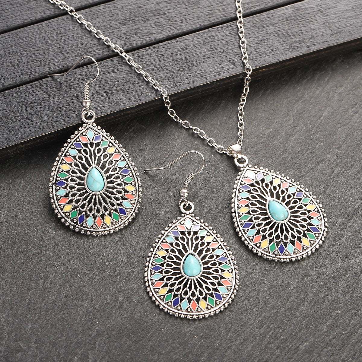 Colorful Bead Flower Necklace Earring Set Jewelry