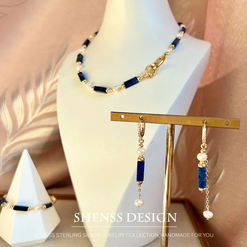 Exclusive Design Personalized Natural Freshwater Pearl Lapis lazuli Necklace Bracelet Earrings Copper Plated 14k Gold Accessorie - Charlie Dolly