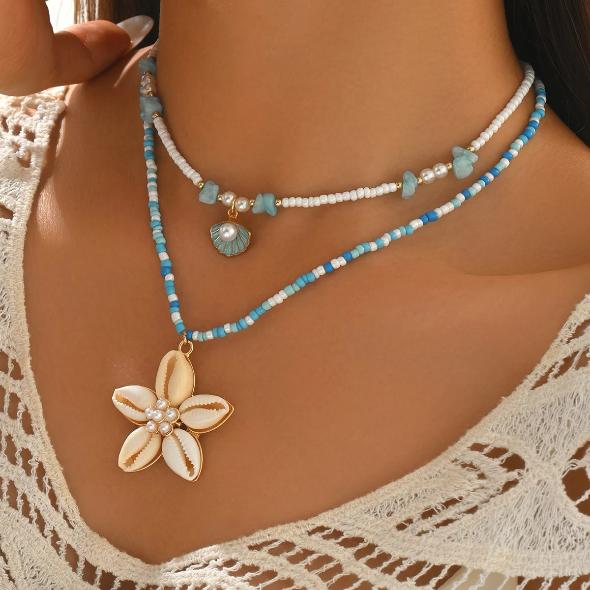 Layered Shell Flower Boho Necklace Set (2 Pieces)