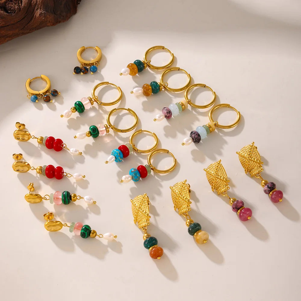 Multi-Color Natural Stone Dangle Earrings, Waterproof Stainless Steel Boho Jewelry