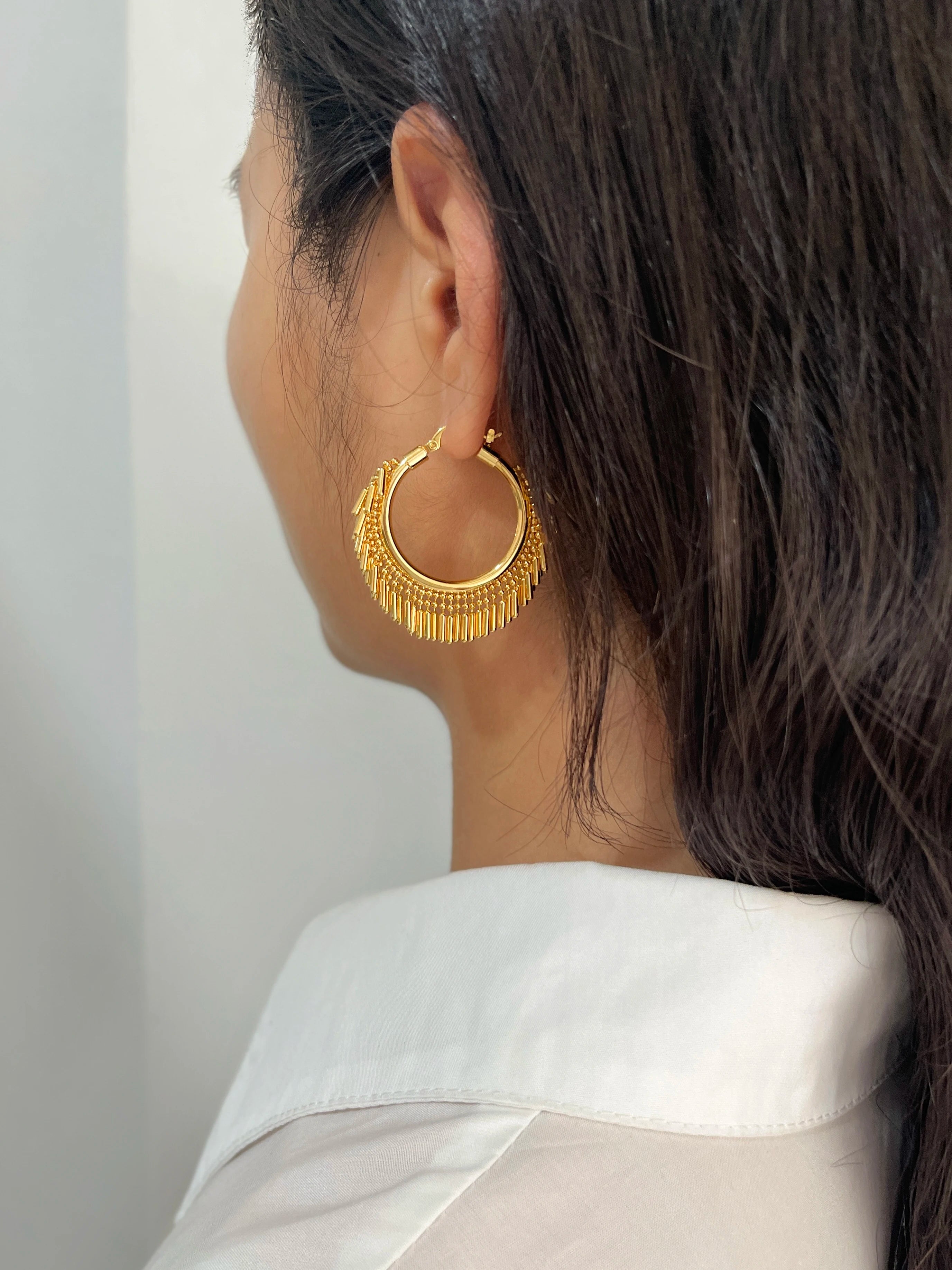 Gold Bead Bar Tassel Hoop Huggie Earrings Jewelry