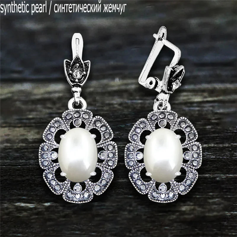 Vintage Plumflower Natural Jades Quartz Earrings For Women Antique Silver Plated Lapis Lazuli Tiger Eye Stone Fashion Earring - Charlie Dolly