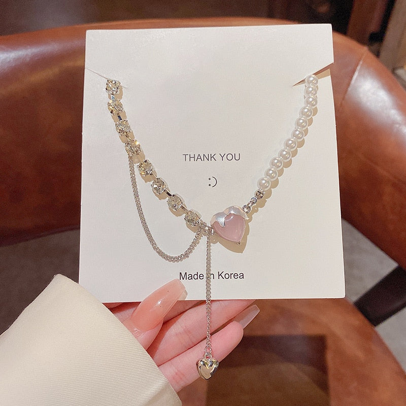 Women Titanium Steel Necklace Classic Pink Crystal Heart Jewelry