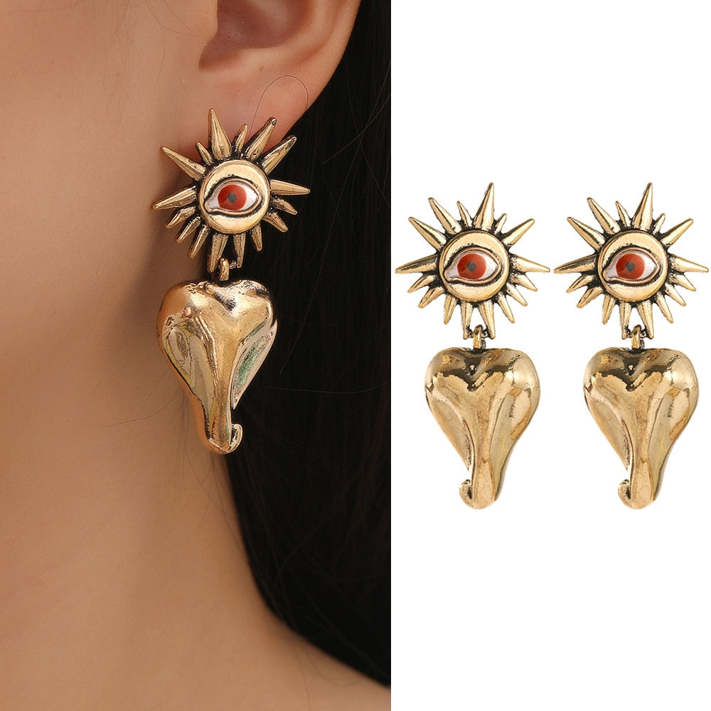 JUJIA Trendy Ethnic Love Heart Shape Evil Eye Drop Earrings For Women Vintage Statement Crystal Dangle Earring Jewelry Gift