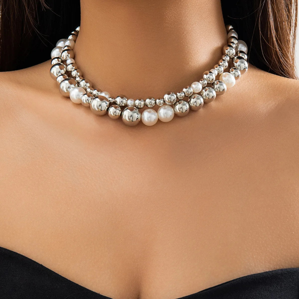 Mixed Pearl Ball Layered Collar Necklace Jewelry
