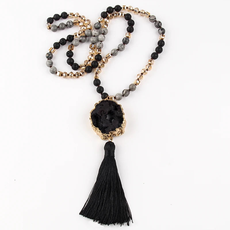 Knotted Druzy Stone Tassel Necklace Jewelry