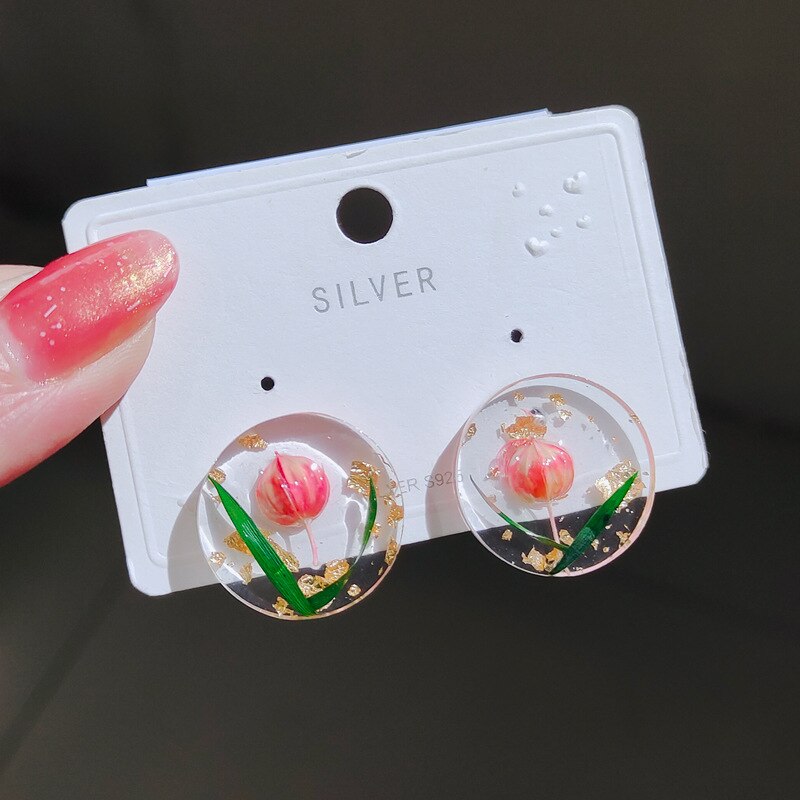 Creative Real Flower Earring Unique Round Dried Flower Drop Earrings Real Floral Sweet Earring For Women Gifts Summer Jewelry