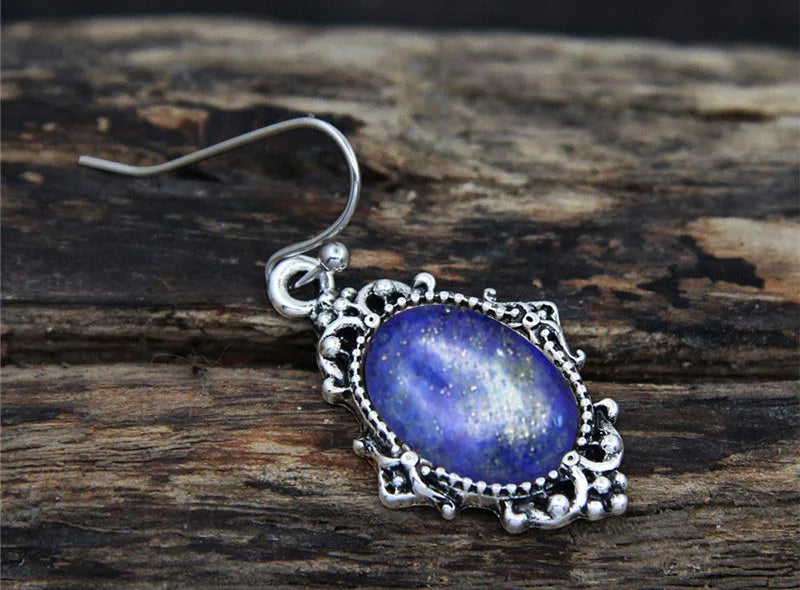 Vintage Look Natural Stone Lapis Lazuli Jewelry Sets Solid Silver Plated Necklace Earrings Flower Fashion Jewelry - Charlie Dolly
