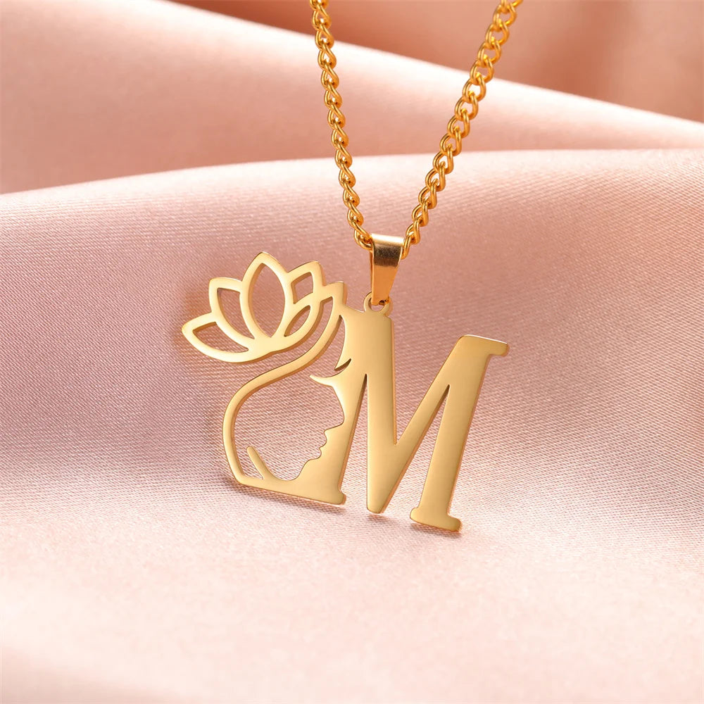 Lotus Flower Initial Letter Pendant, Personalized Stainless Steel Necklace