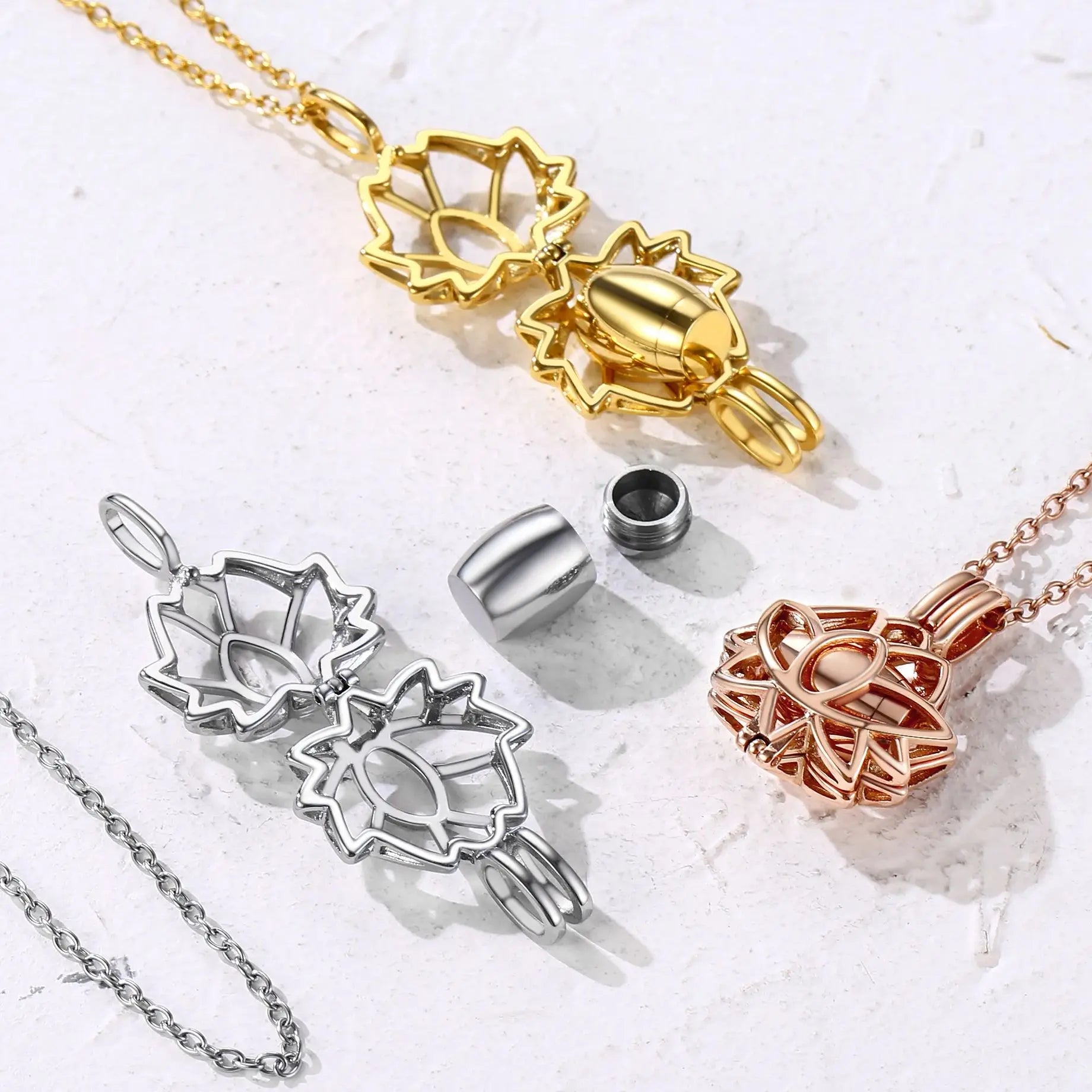 Lotus Flower Cremation Ashes Urn Necklace, Stainless Steel Memorial Keepsake Pendant