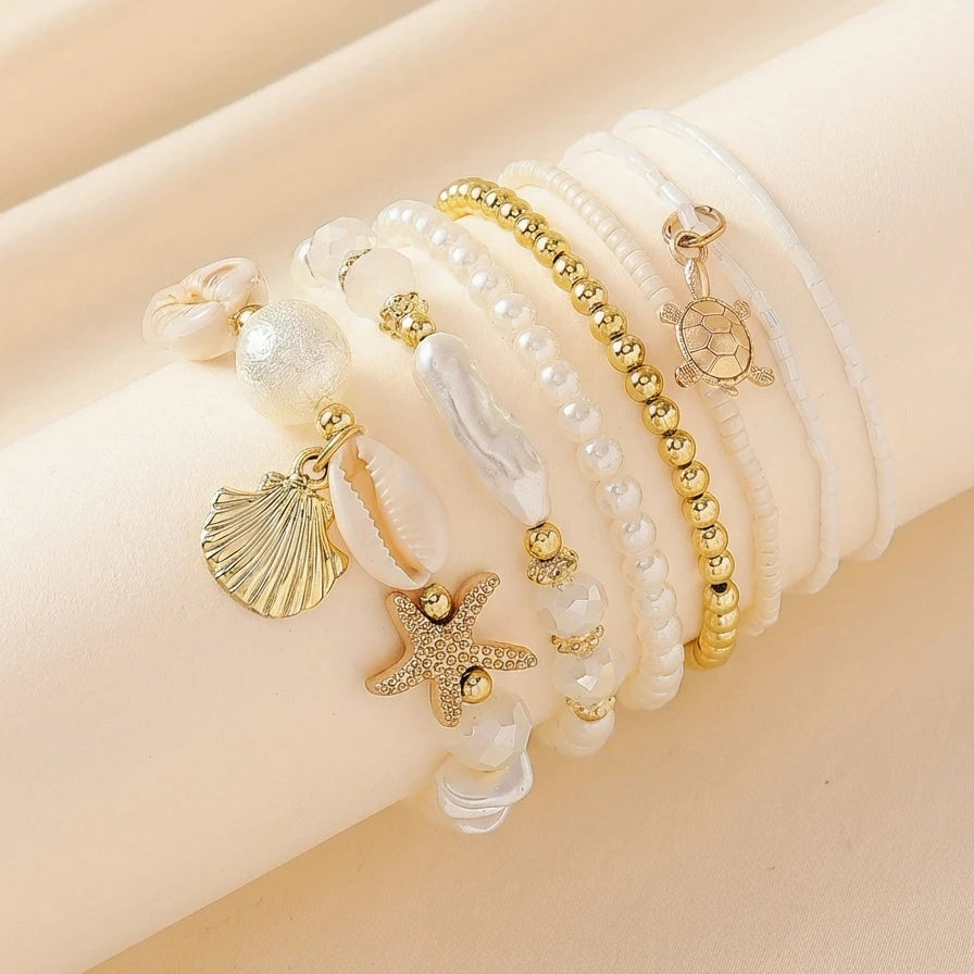 Sea Turtle, Starfish and Cowrie Shell Layered Pearl Bracelet