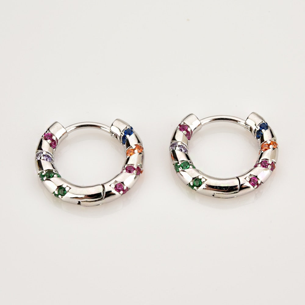 Andywen 100% 925 Sterling Silver Colorful Rainbow Clips Hoops Earring Huggies Middle 8mm Piercing Pendiente Women Circle Jewelry