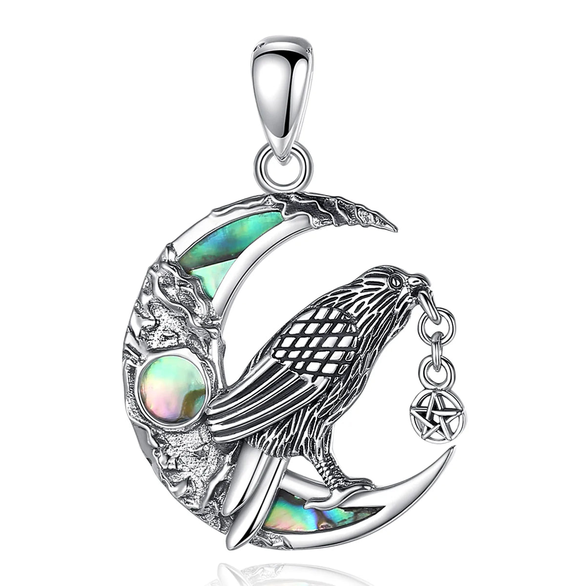 Sterling Silver 925 Viking Raven & Pentagram Moon Necklace, Abalone Shell Amulet