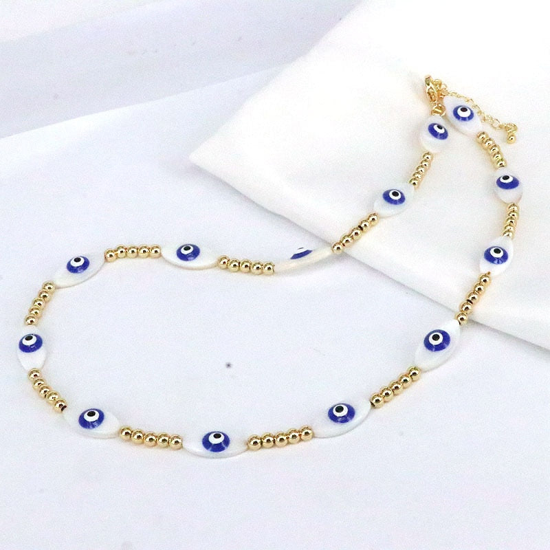 Vlen Boho Turkish Evil Eye Necklace Jewelry for Women Gold Color Beaded Choker Necklaces Natural Shell Lucky Hamsa Hand Collar