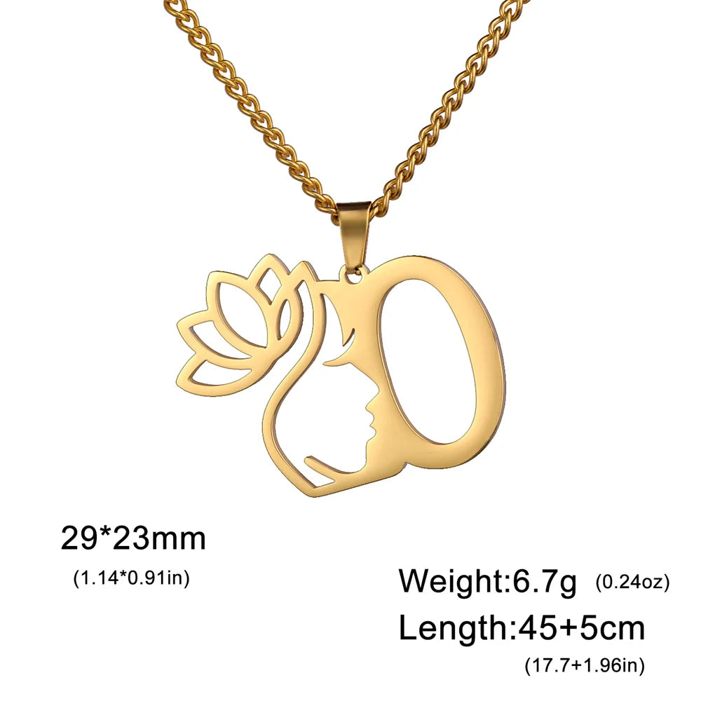 Lotus Flower Initial Letter Pendant, Personalized Stainless Steel Necklace