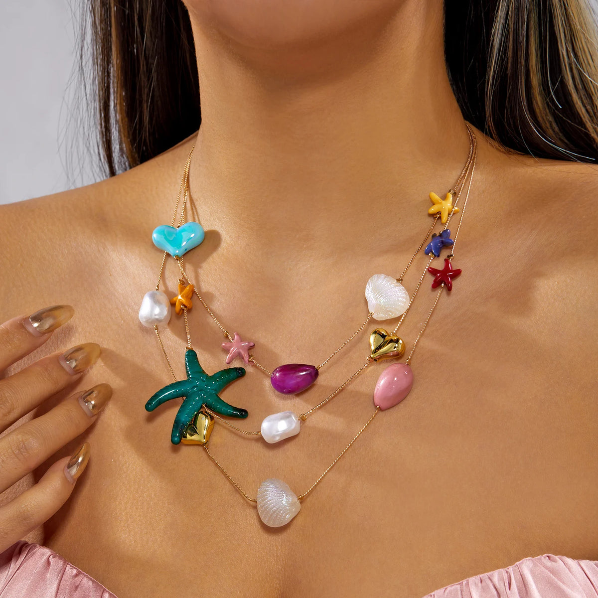 Tropical Starfish Heart and Shell Triple Layer Necklace