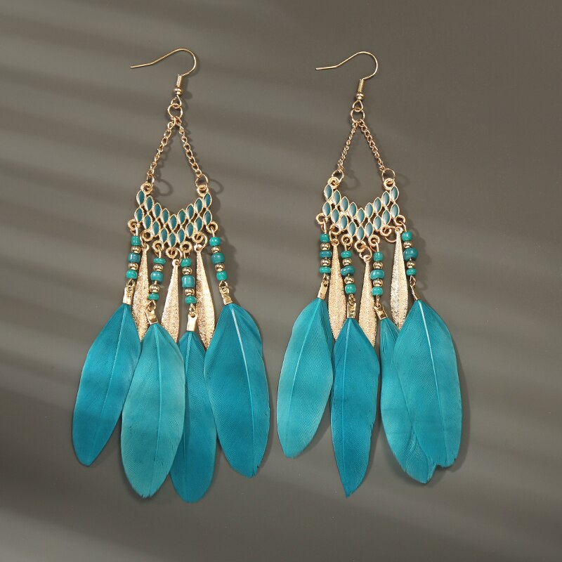 Boho Long Feather Dangle Women's Earrings Beach Long Tassel Beads Handmade Flower Enamel Earrings Bride Wedding Pendientes Mujer