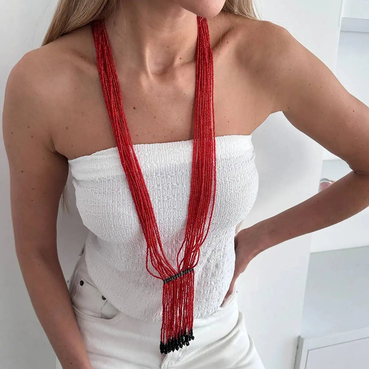Rice Bead Multilayer Crystal Tassel Necklace Jewelry