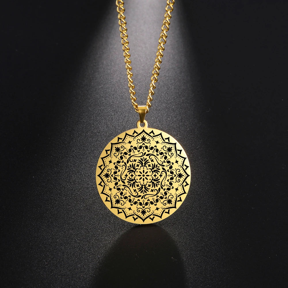 Lotus Chakra Mandala Pendant Necklace, Stainless Steel Buddhist Hindu Meditation Amulet