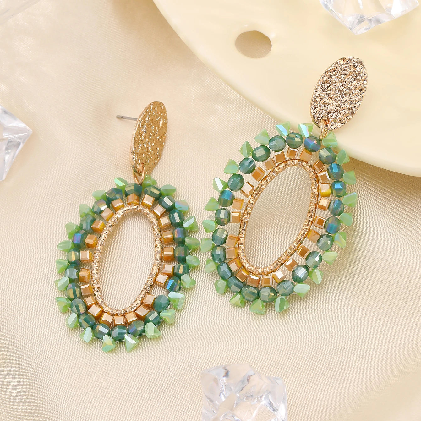 Oval Crystal Bead Big Long Drop Earrings Jewelry