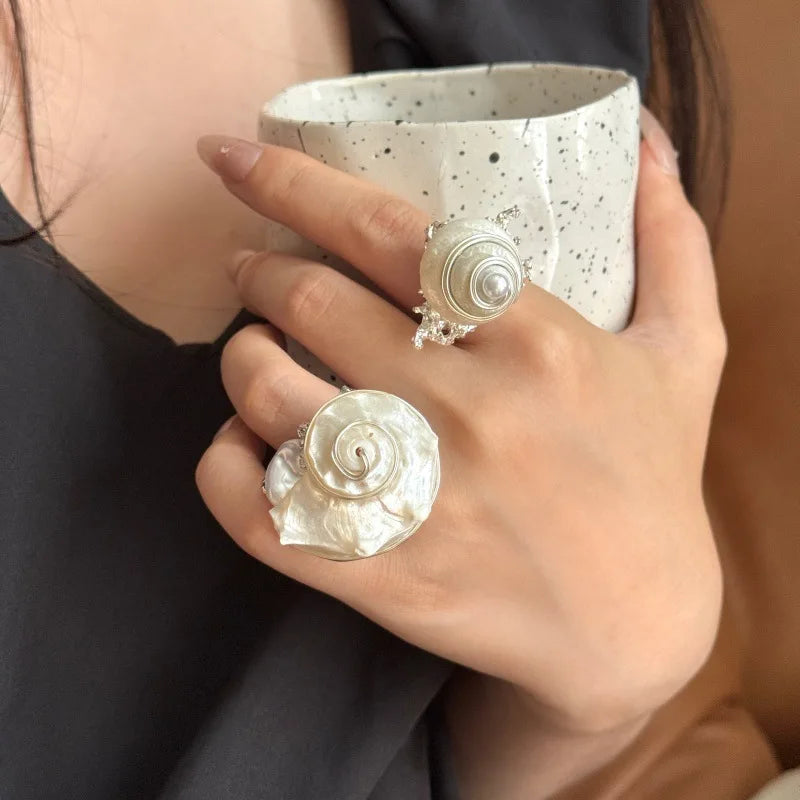 Natural Sea Snail Shell Wire Wrapped Pearl Boho Ring