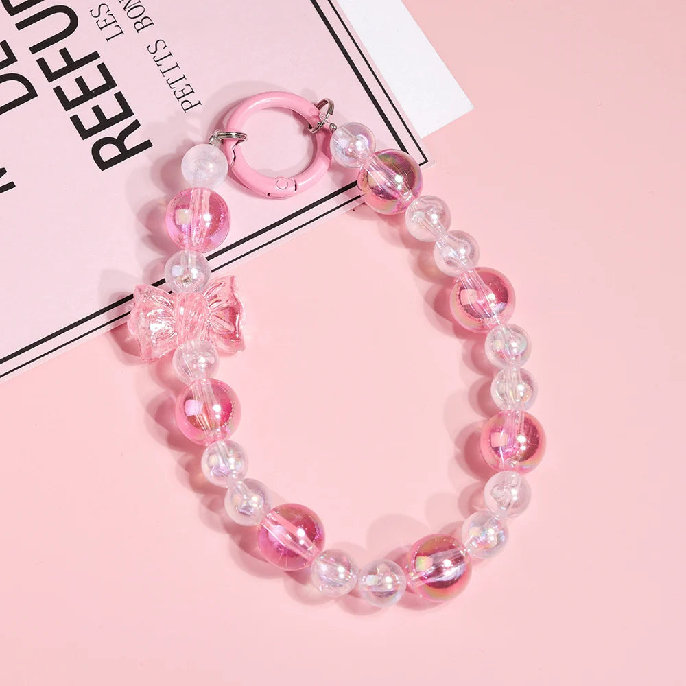 Pink Butterfly, Pearl and Bow Phone Strap Wrist Chain
