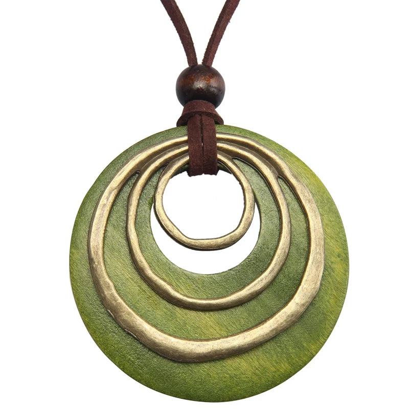Leather Cord Wood Pendant Layered Necklace Jewelry