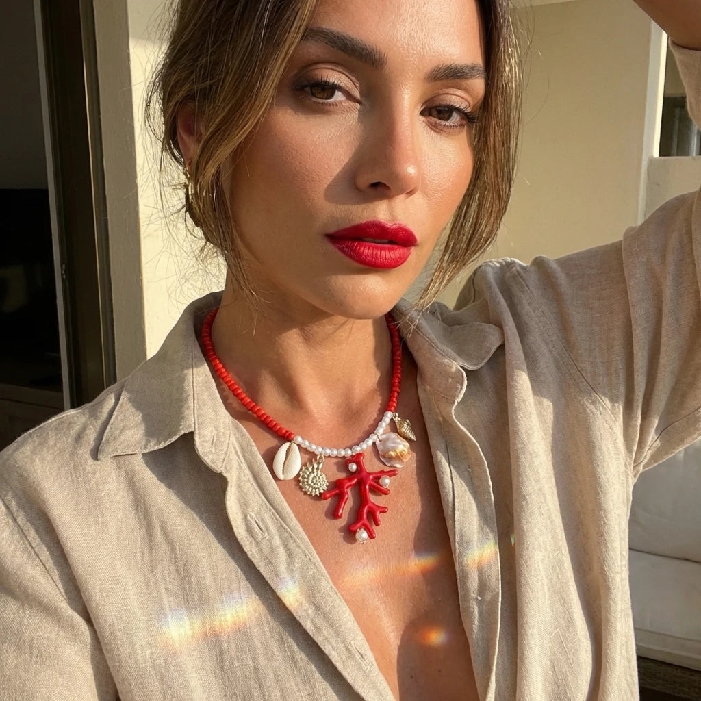 Coral, Starfish and Rice Bead Sun Boho Necklace, Earring or Ring