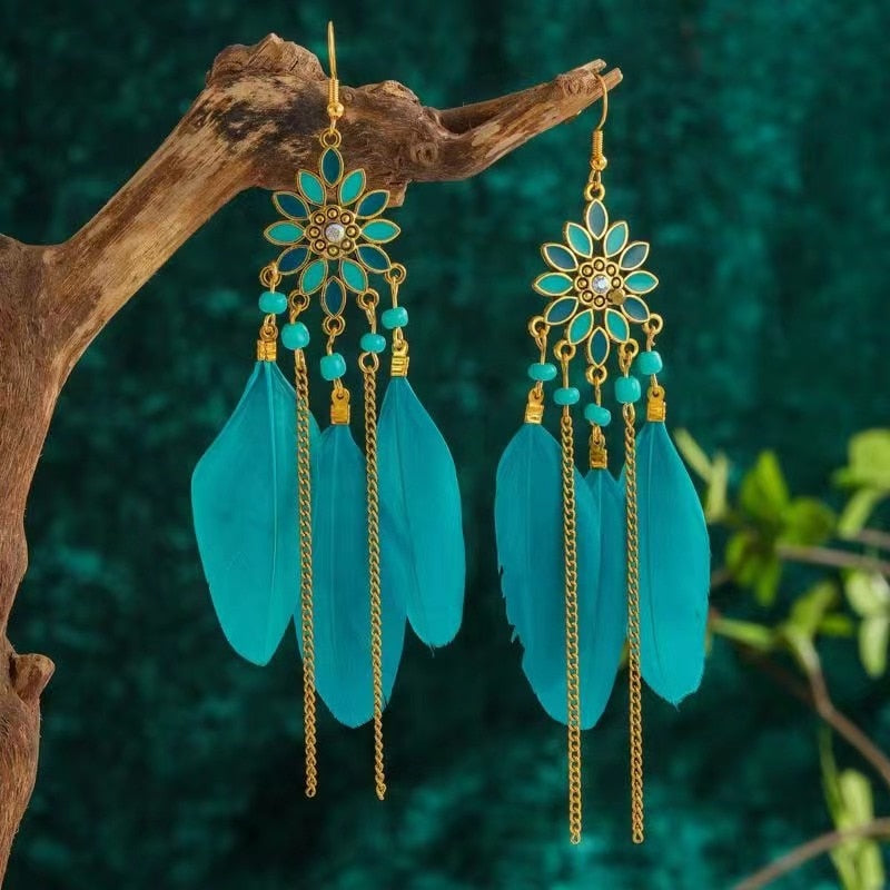 Vintage Bohemian Ethnic Style Earrings Long Rice Bead Tassel Earrings FOR WOMEN Alloy Dripping Oil Long Tassel Earrings - Charlie Dolly
