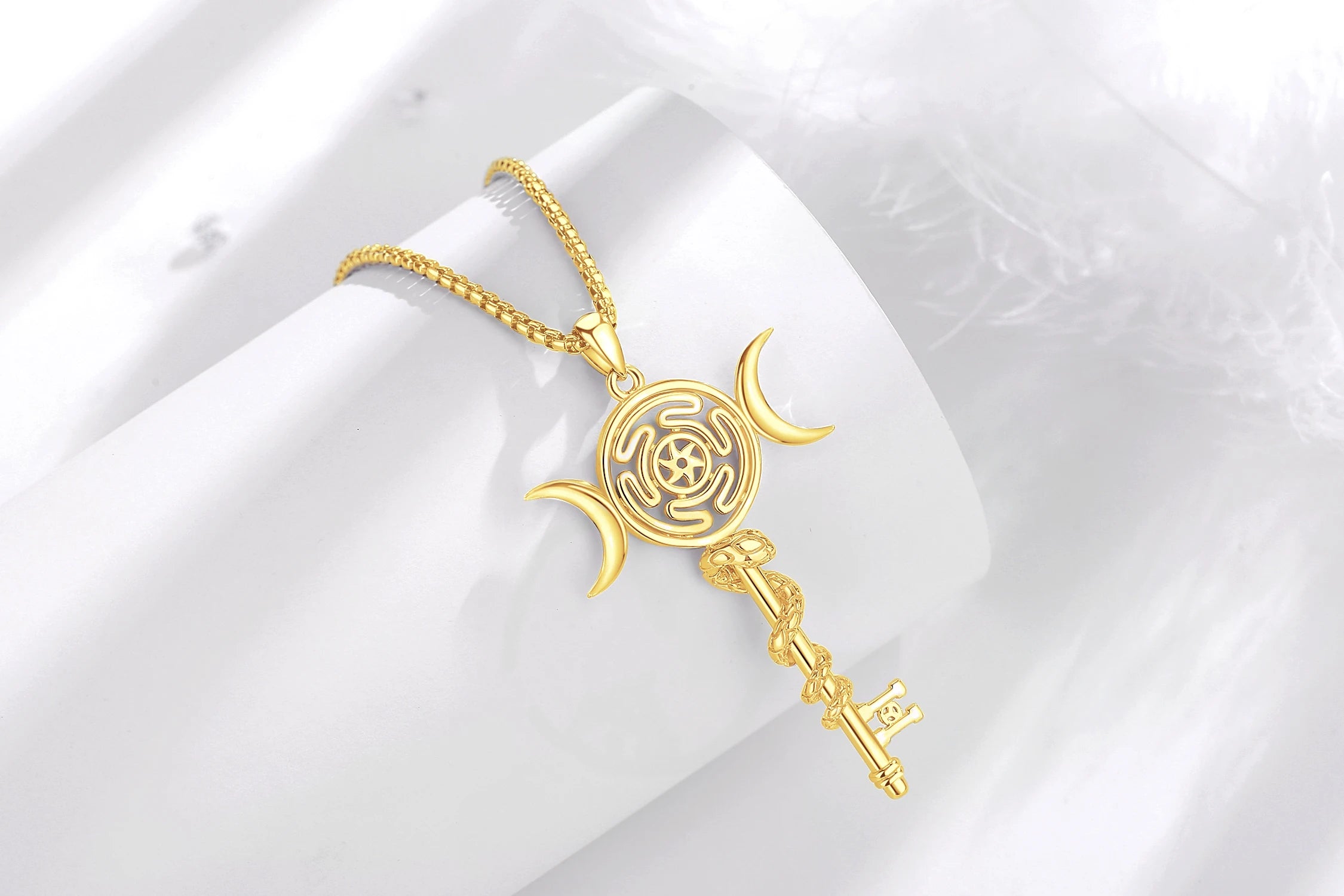 Sterling Silver 925 Hekate Wheel Triple Moon Goddess Necklace, Snake Key Witch Amulet