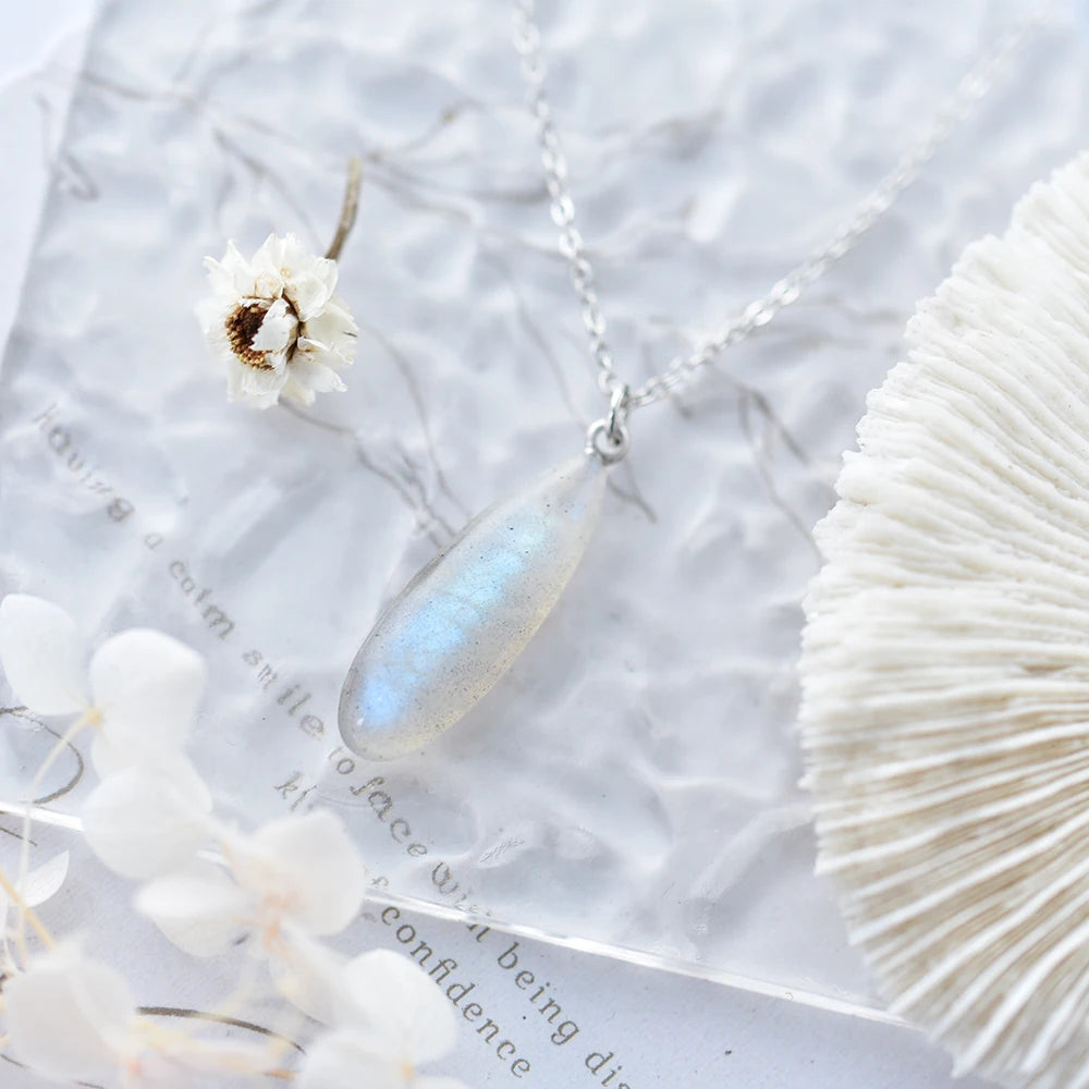 Labradorite Raw Crystal Teardrop Pendant Necklace, Moon Goddess Protection Stone