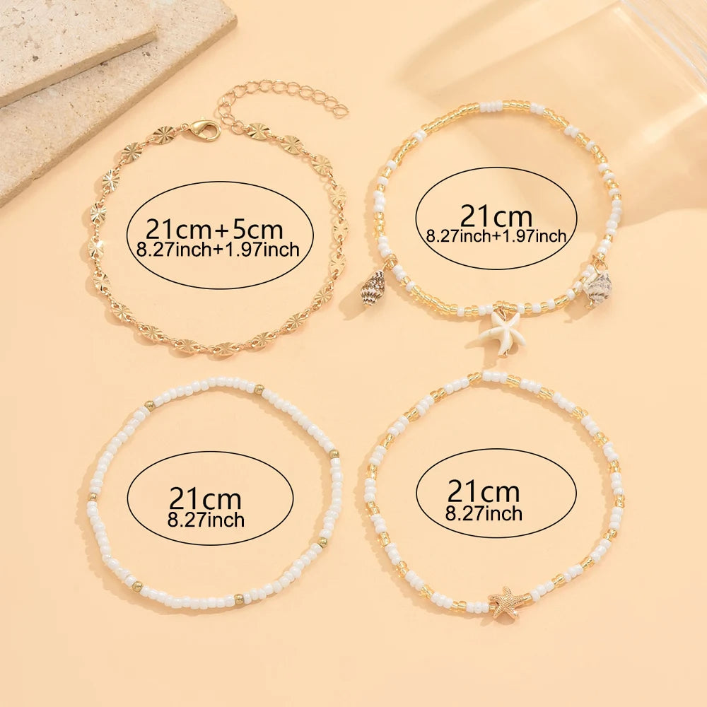 Starfish and Shell Stackable Beaded Anklet Set (4 Pieces)