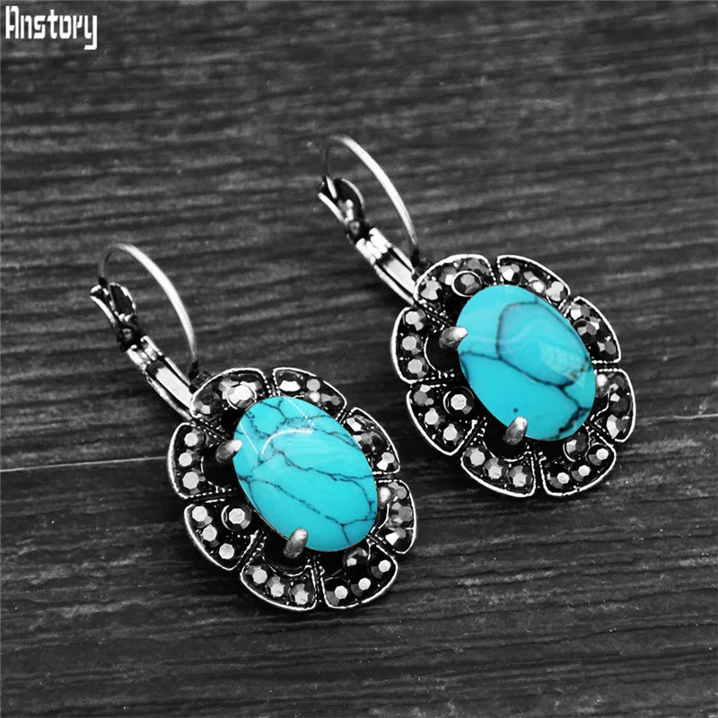 Vintage Plumflower Natural Lapis Lazuli Rhinestone Earrings For Women Tibetan Silver Plated Natural Stone Tiger Eye Earring - Charlie Dolly