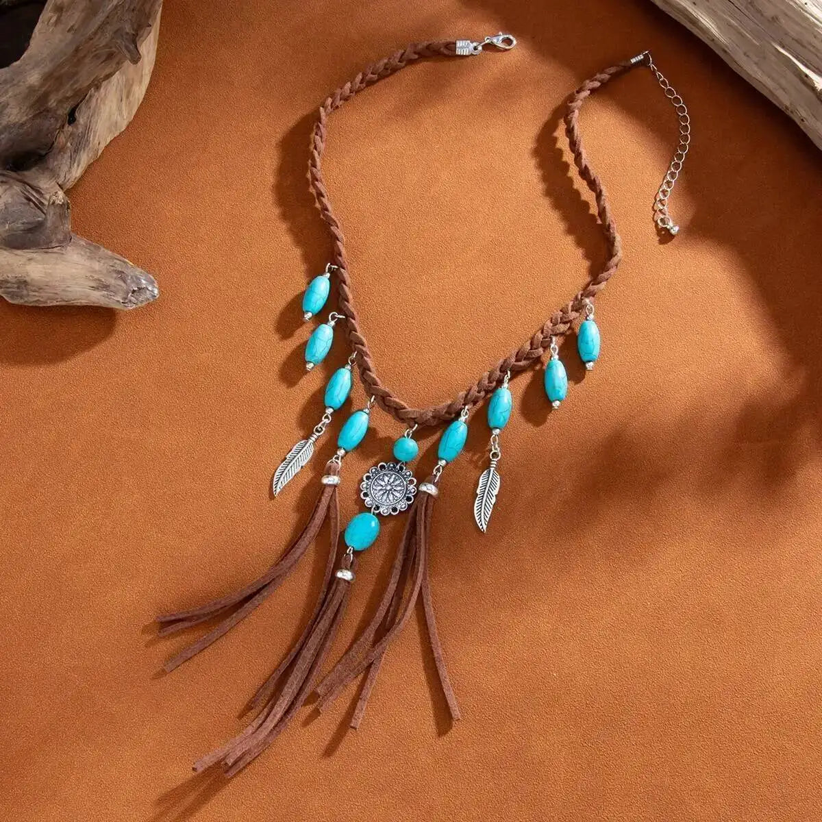 Feather Tassel Woven Rope Stone Choker Necklace Jewelry